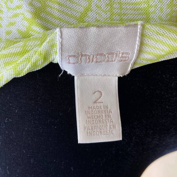 Chico's Womens Tank Top Sz 2 L 12 Lime Green White Tiered Mesh Print Chartreuse - Picture 5 of 8